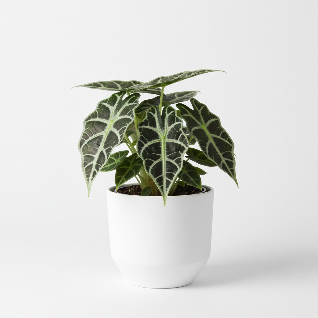 Alocasia Amazonica 'Bambino' - Close-up of dark green leaves with white veins